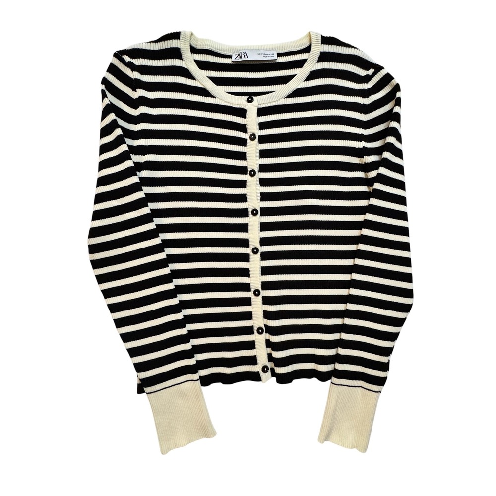 Zara Womens Striped Ribbed Knit Cardigan Black Cream Button Front Size M